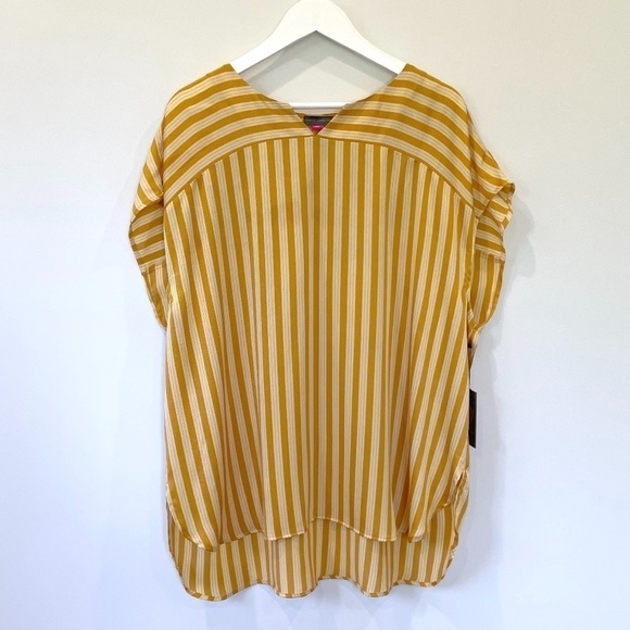 Vince Camuto Split Neck Stripe Top In Amber Sun - Picture 4 of 8